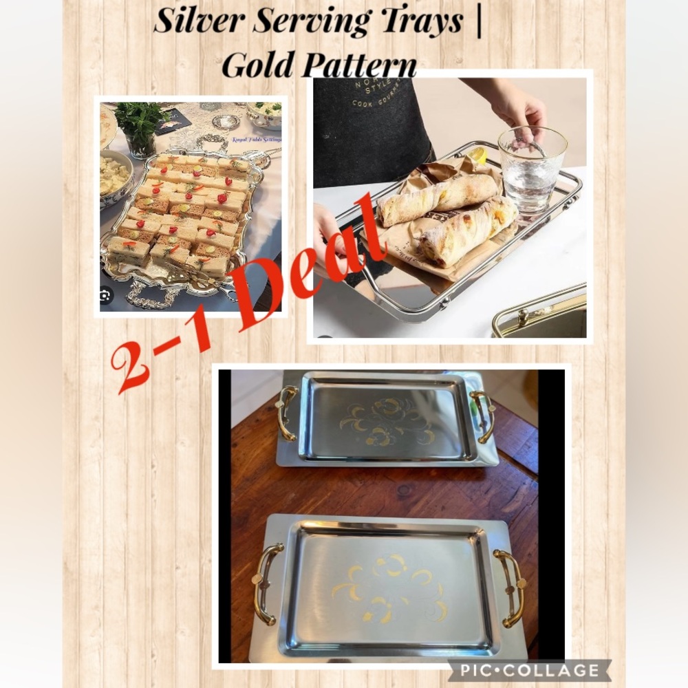 2-1 NEW Silver Serving Trays |Gold Pattern Design